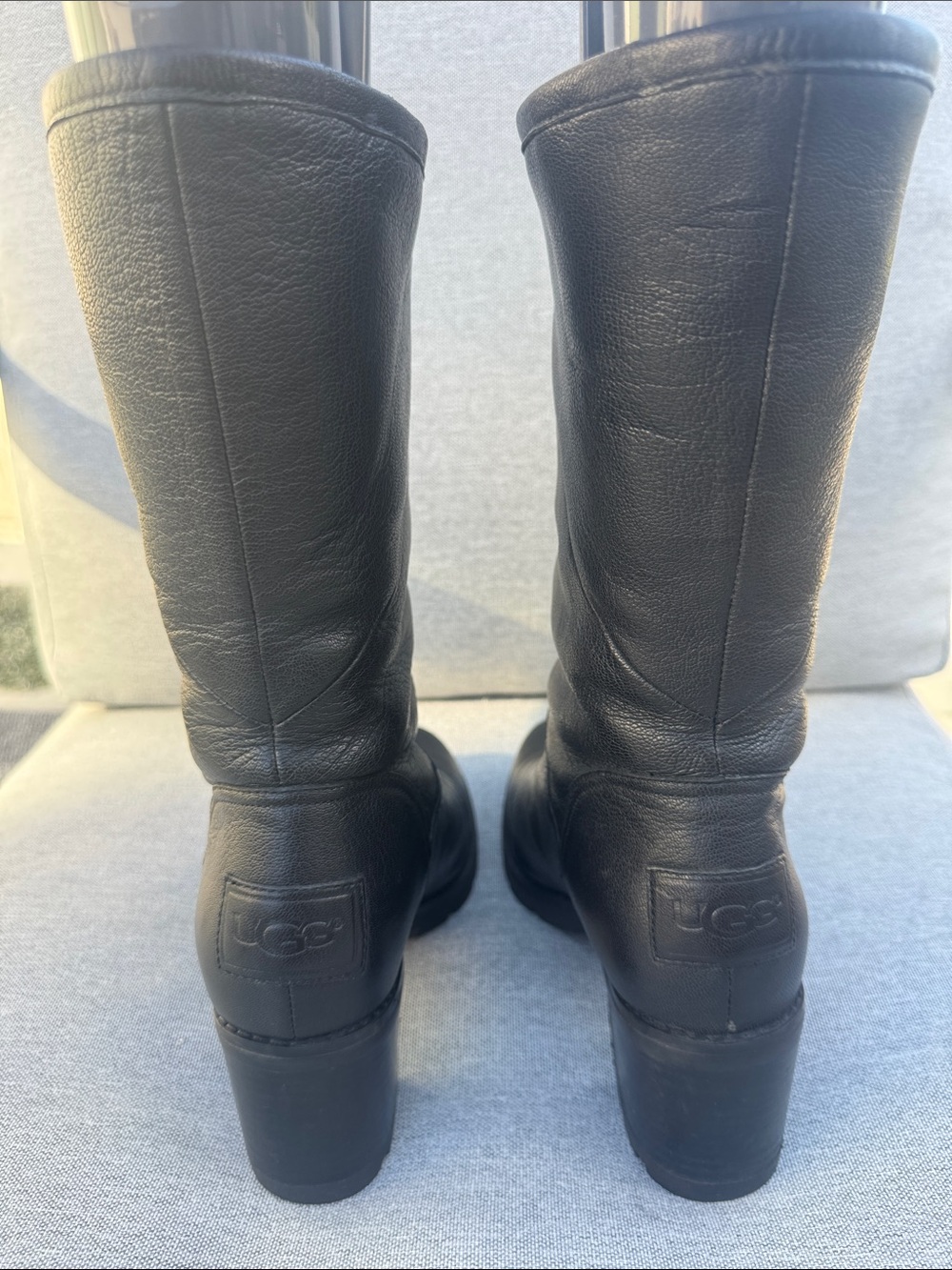 UGG Black Leather Tall Block-Heel Boots